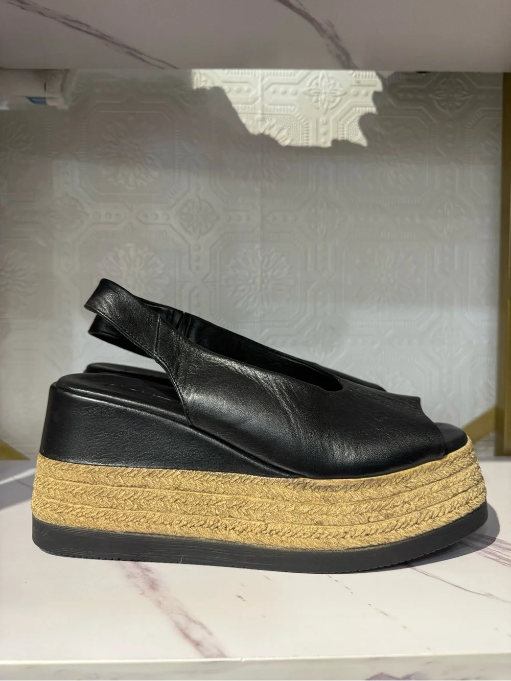 Lonza Agnes’s Black Leather Platform Espadrille Slingback Sandals